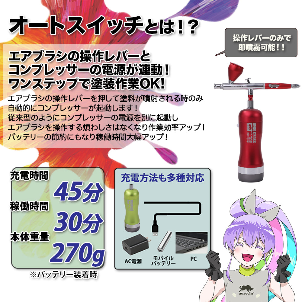 【ホビージャパン掲載】aurochs 充電式 エアブラシ エアロクロス コードレス ver.3.5 EM エントリーモデル ダブルアクション ハンドピース コンプレッサー 口径 0.4mm 初心者 ビギナー USB type-C 小型 プラモ 模型 塗装 アート ペイント