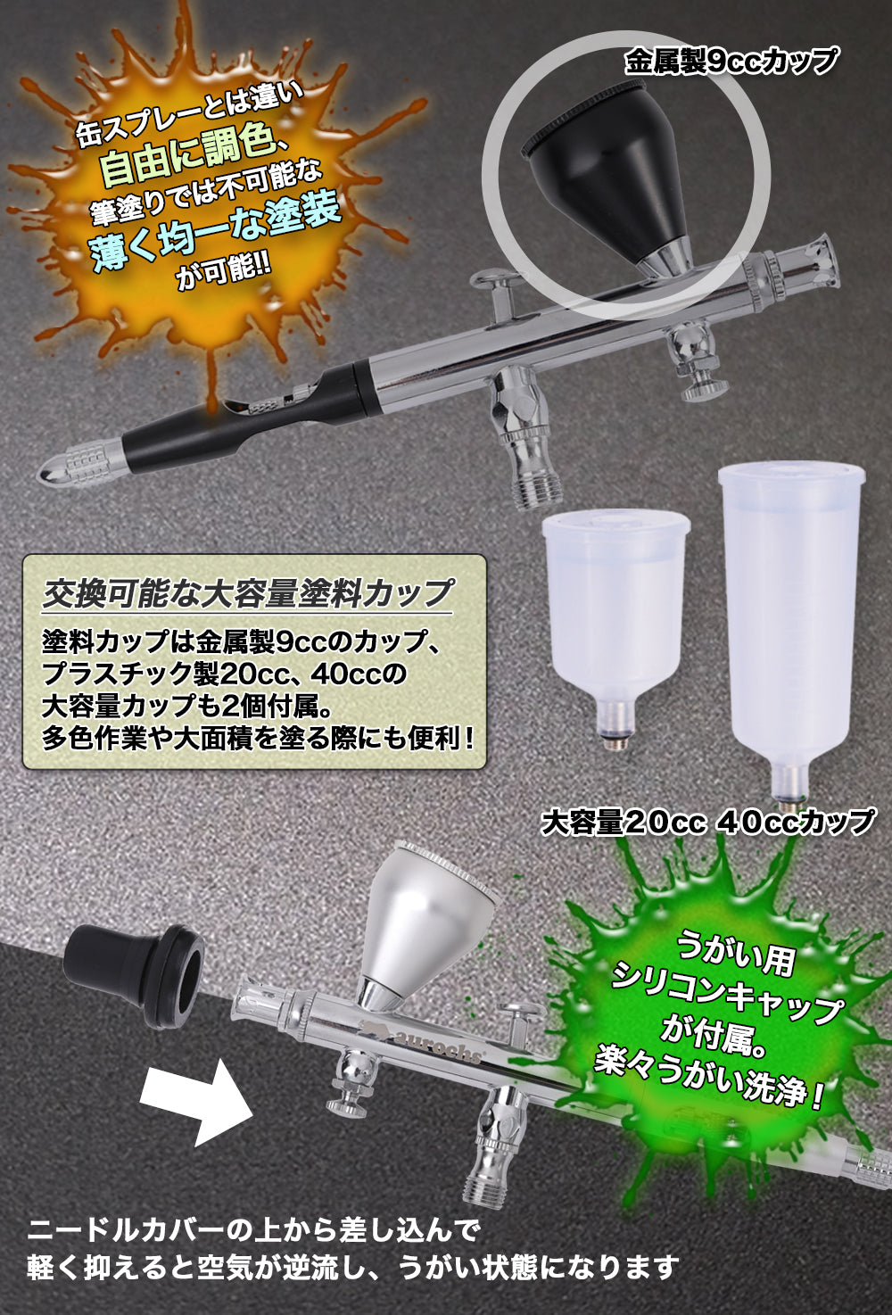 aurochs 充電式 エアブラシ AERO CROSS portable エアロクロス ポータブル ver.3.5 ダブルアクション ハンドピース コンプレッサー 口径 0.2mm 0.3mm 0.4mm 0.5mm セット